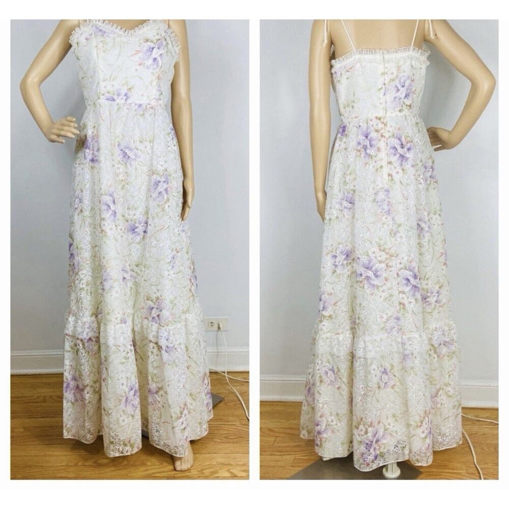 Vintage 90s ILGWU Floral Lace Maxi Dress Cottagecore Prairie Garden Dress S/M
